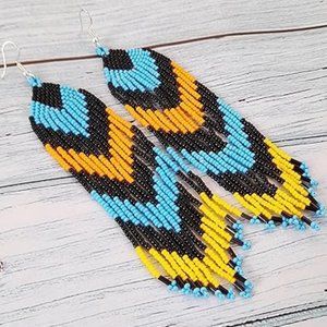 Long 6" Turquoise Blue Black Beaded Fringe Dangle Earrings Bohemian Style New